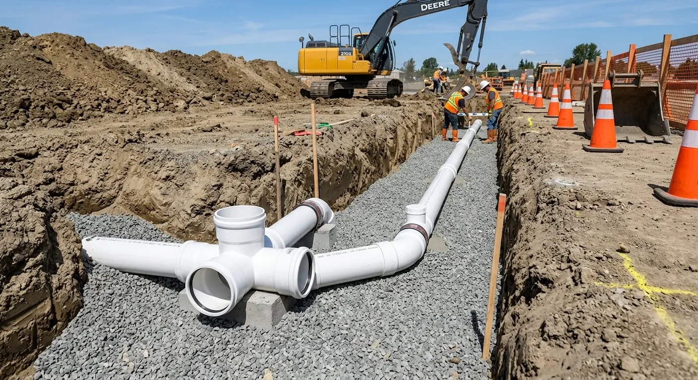 New PVC sewer pipe installation in open trench for Sewer Backup in Ahuimanu